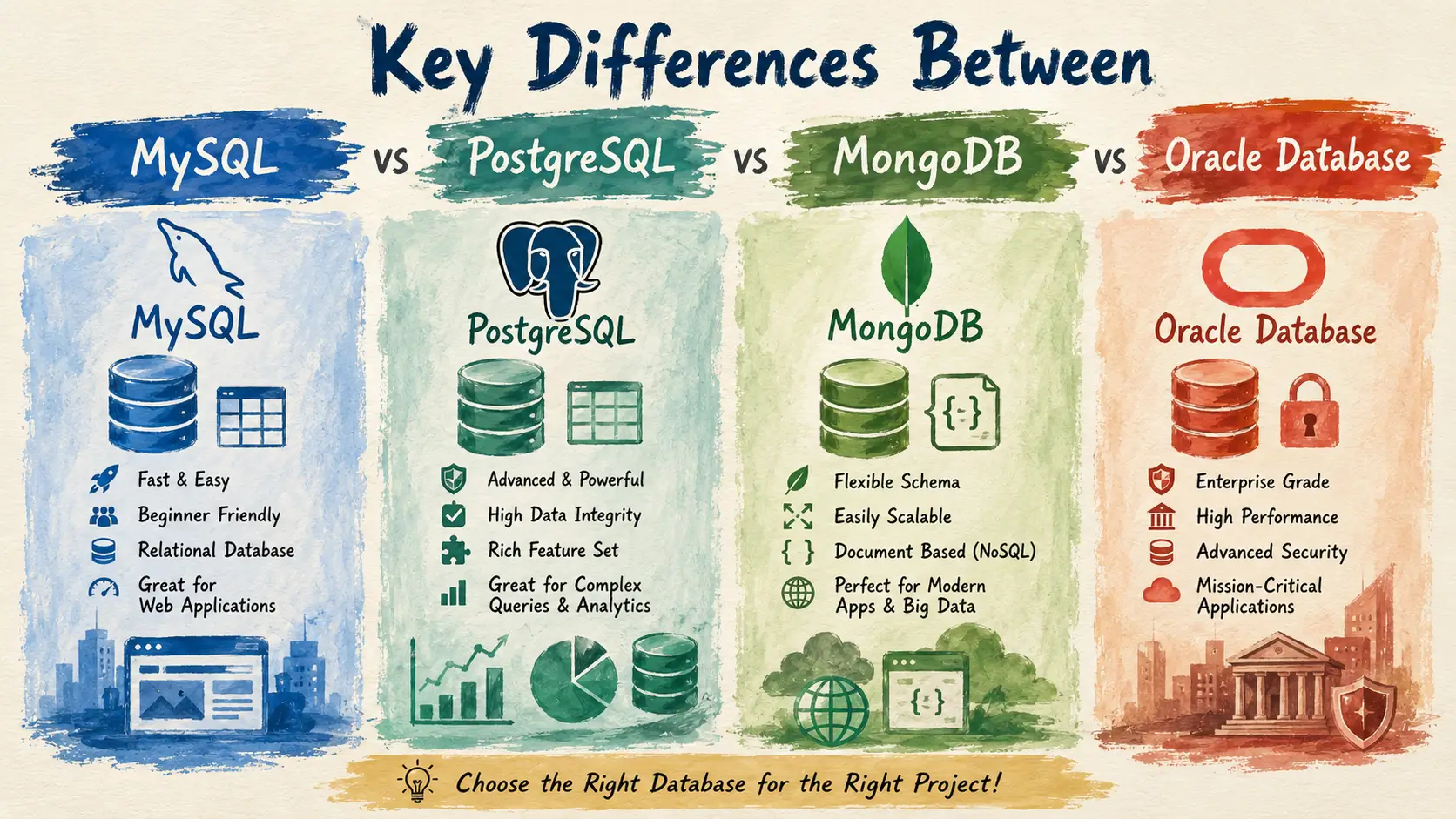 Key Differences Between MySQL, PostgreSQL, MongoDB and Oracle Database - Techy Donut